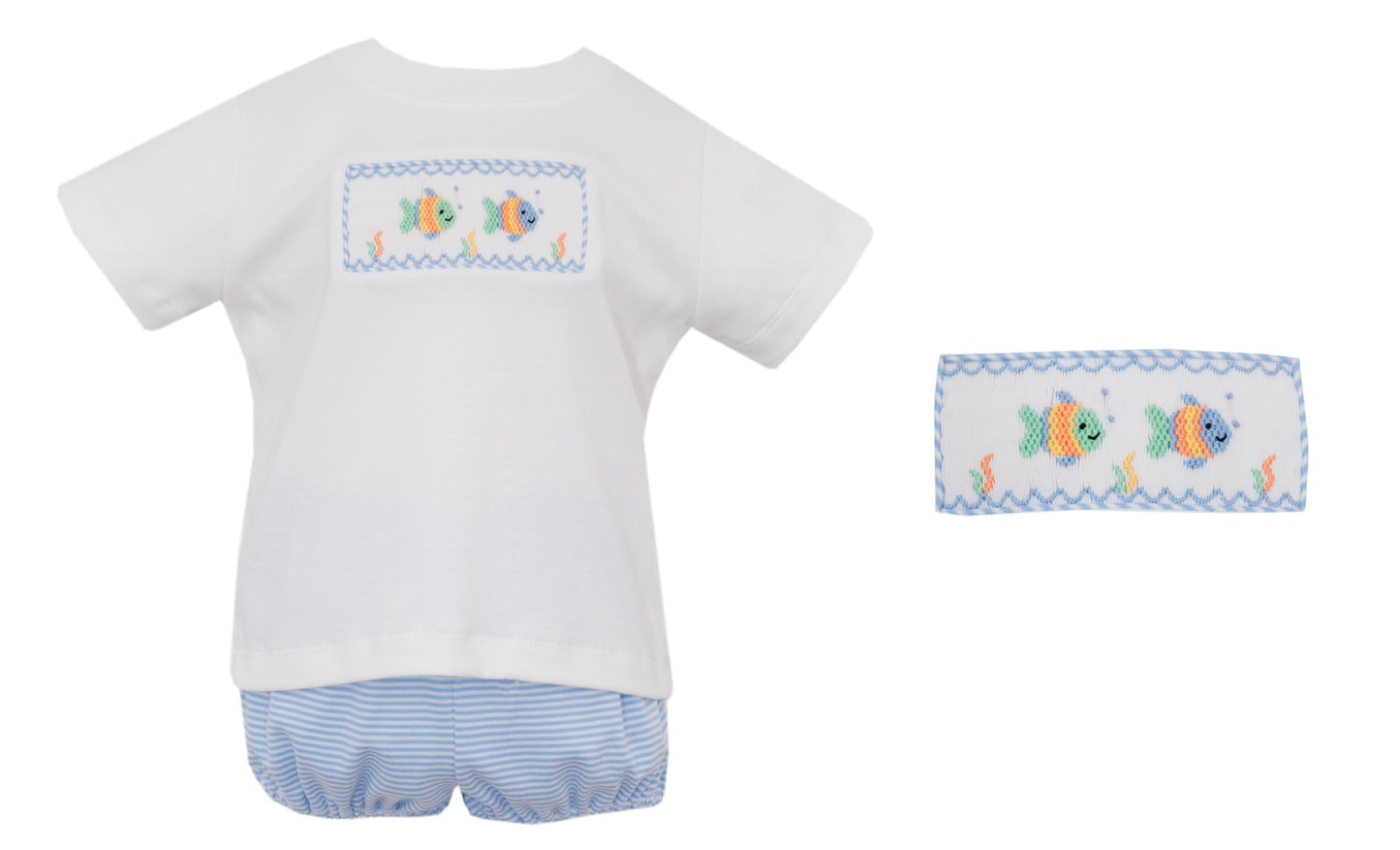 Boys Smocked Baby Fish T-Shirt Set- Light Blue Stripe