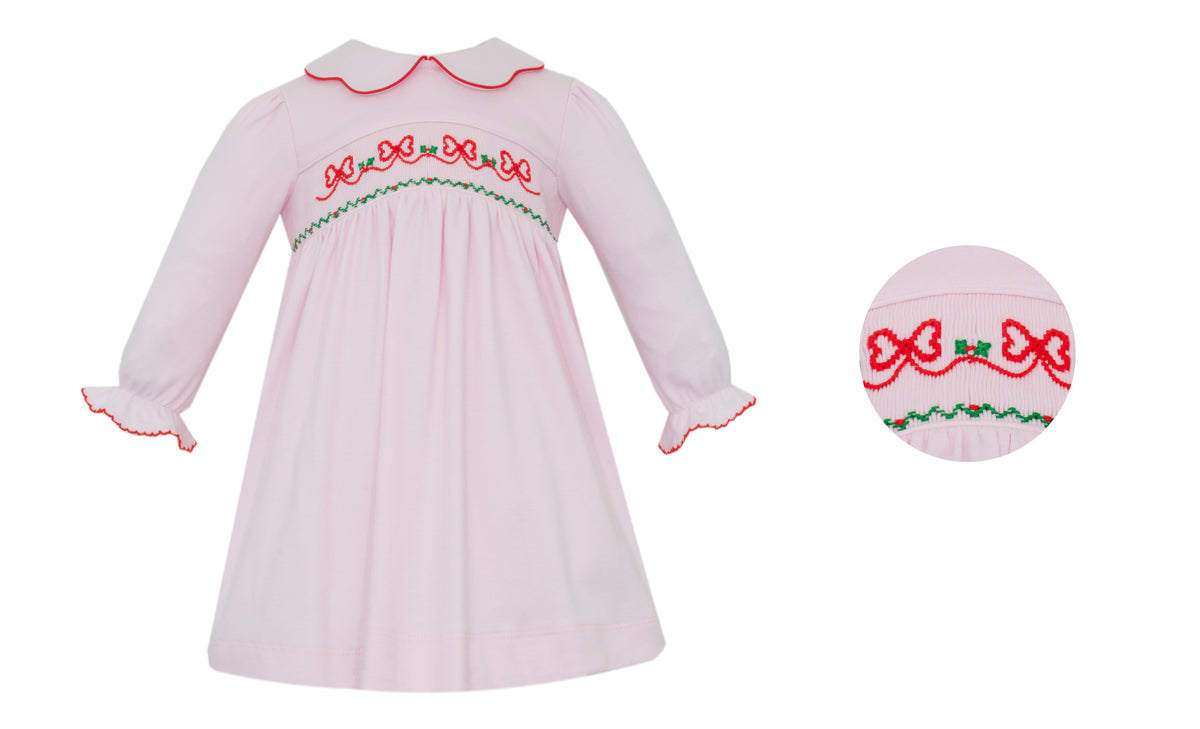 Red Smocked Bows Light Pink Knit Dress