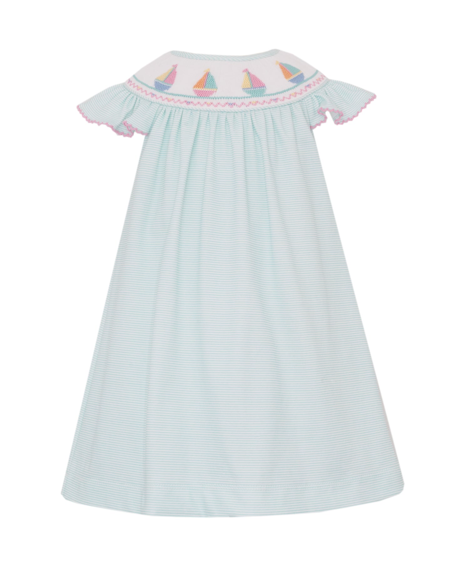 Girls Sailboat Smocked Bishop Dress- Aqua Stripe