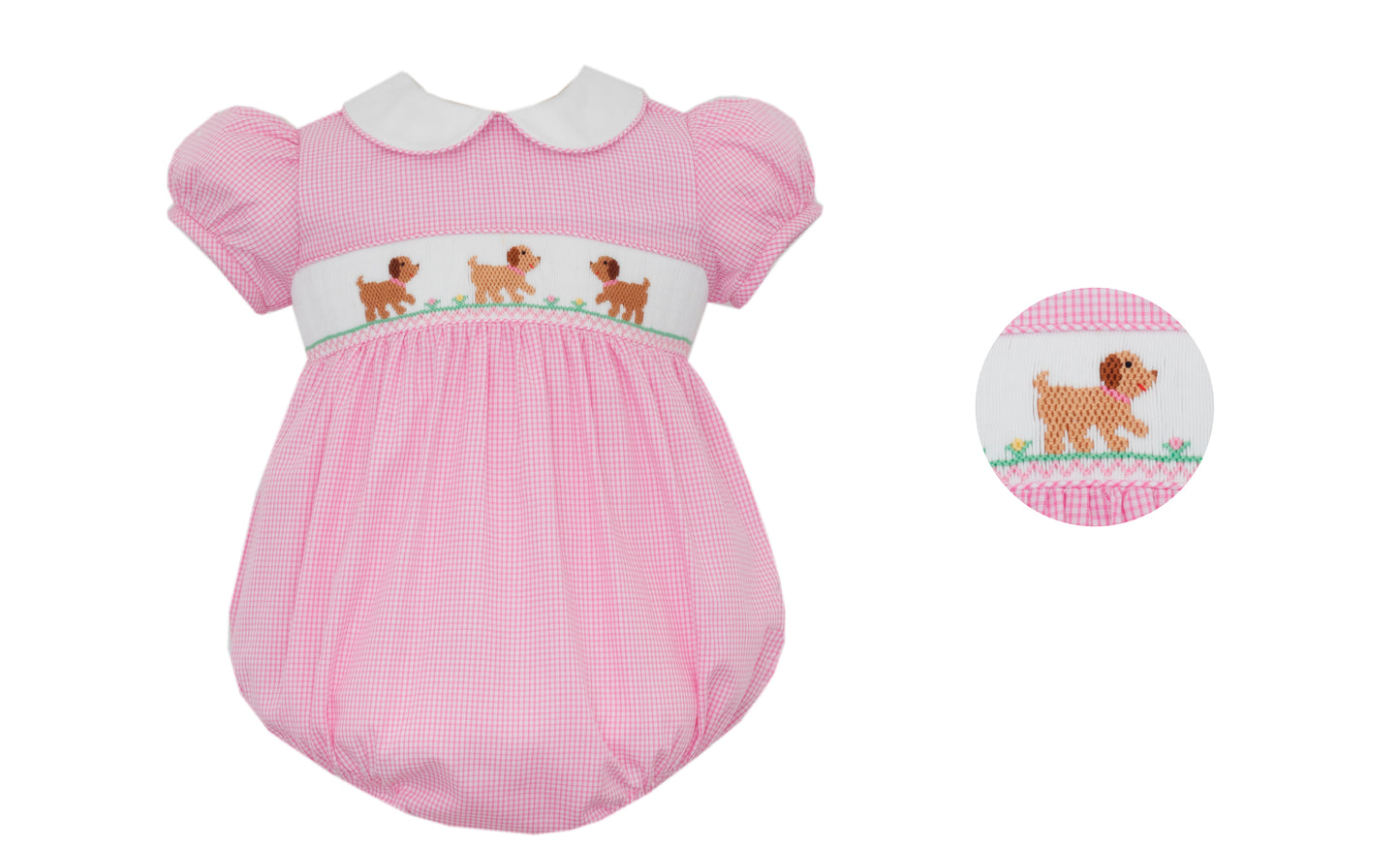 Girls Pink Smocked Puppies Bubble