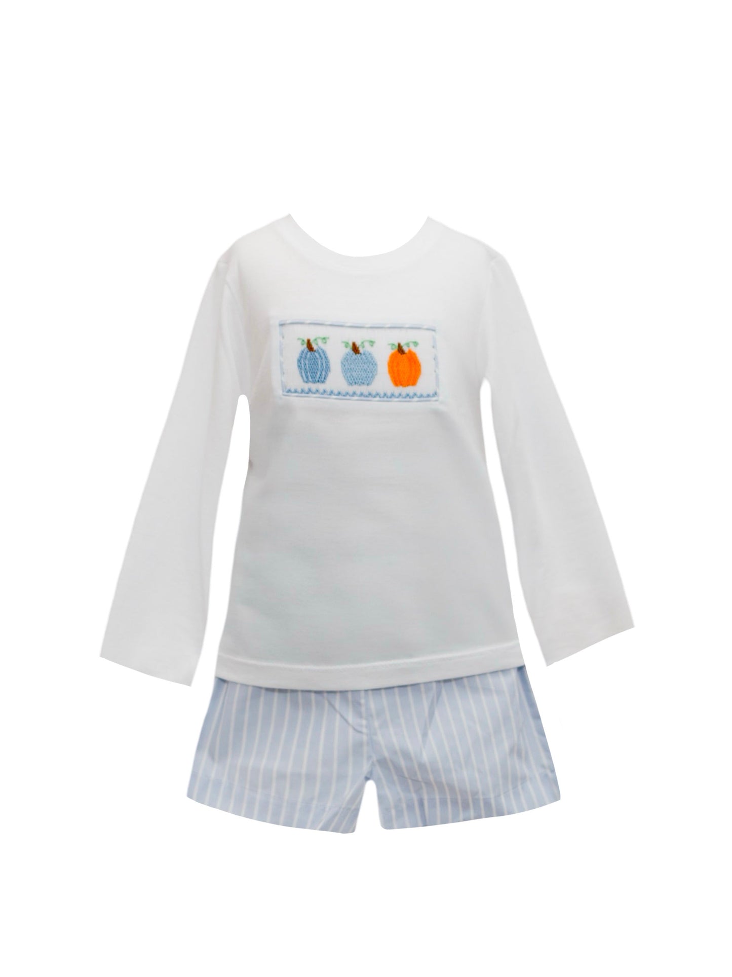 Blue Stripe Hand-Smocked Pumpkin Long Sleeve Short Set