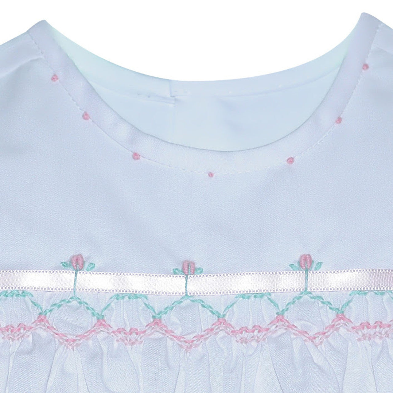 Francis Ribbon Dress- White w/ Pink and Blue Smocking