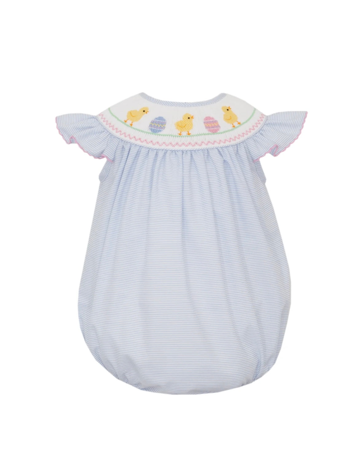 Smocked Easter Chicks Blue Stripe Bishop Bubble