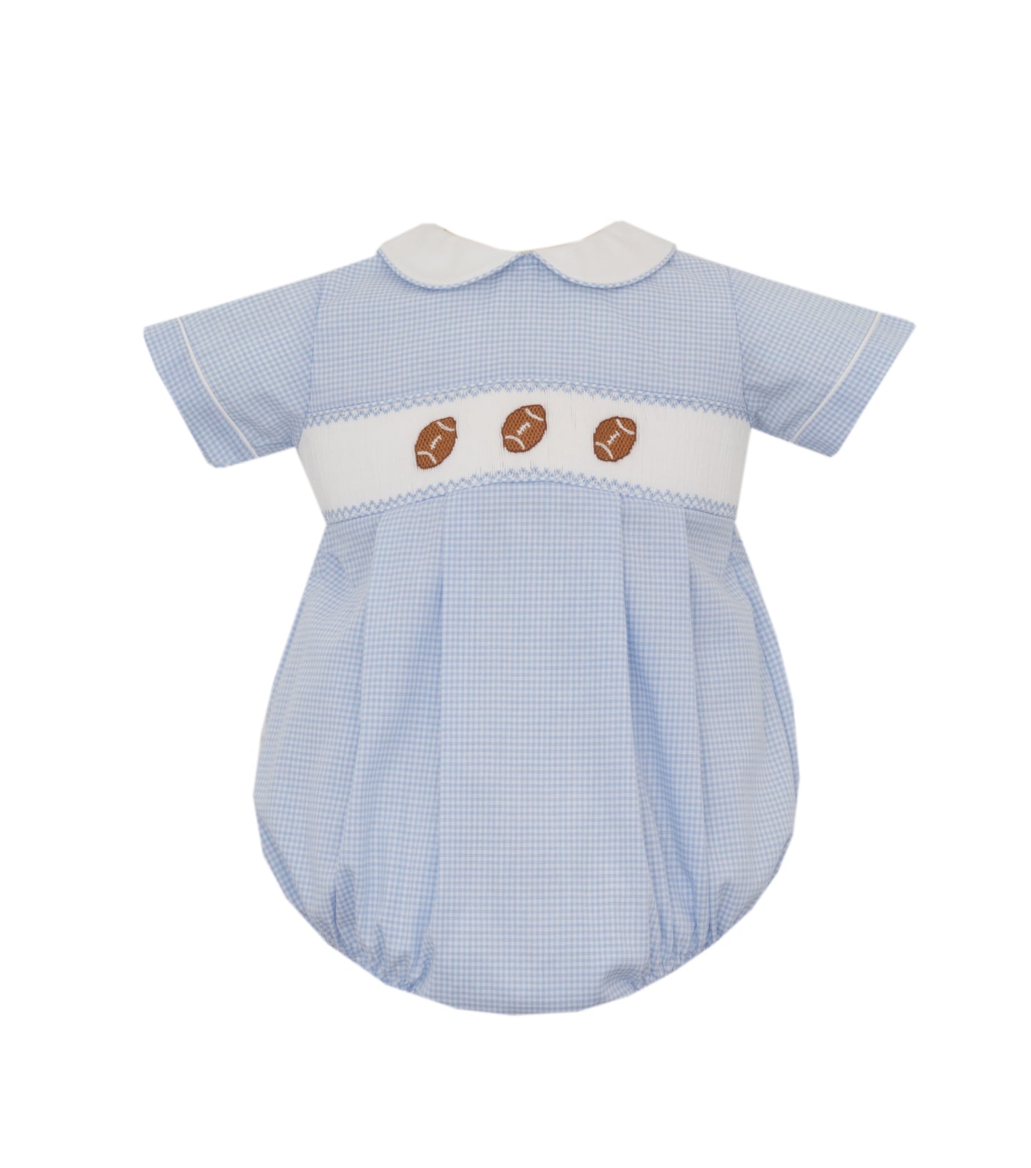 Boys Light Blue Gingham Smocked Football Bubble