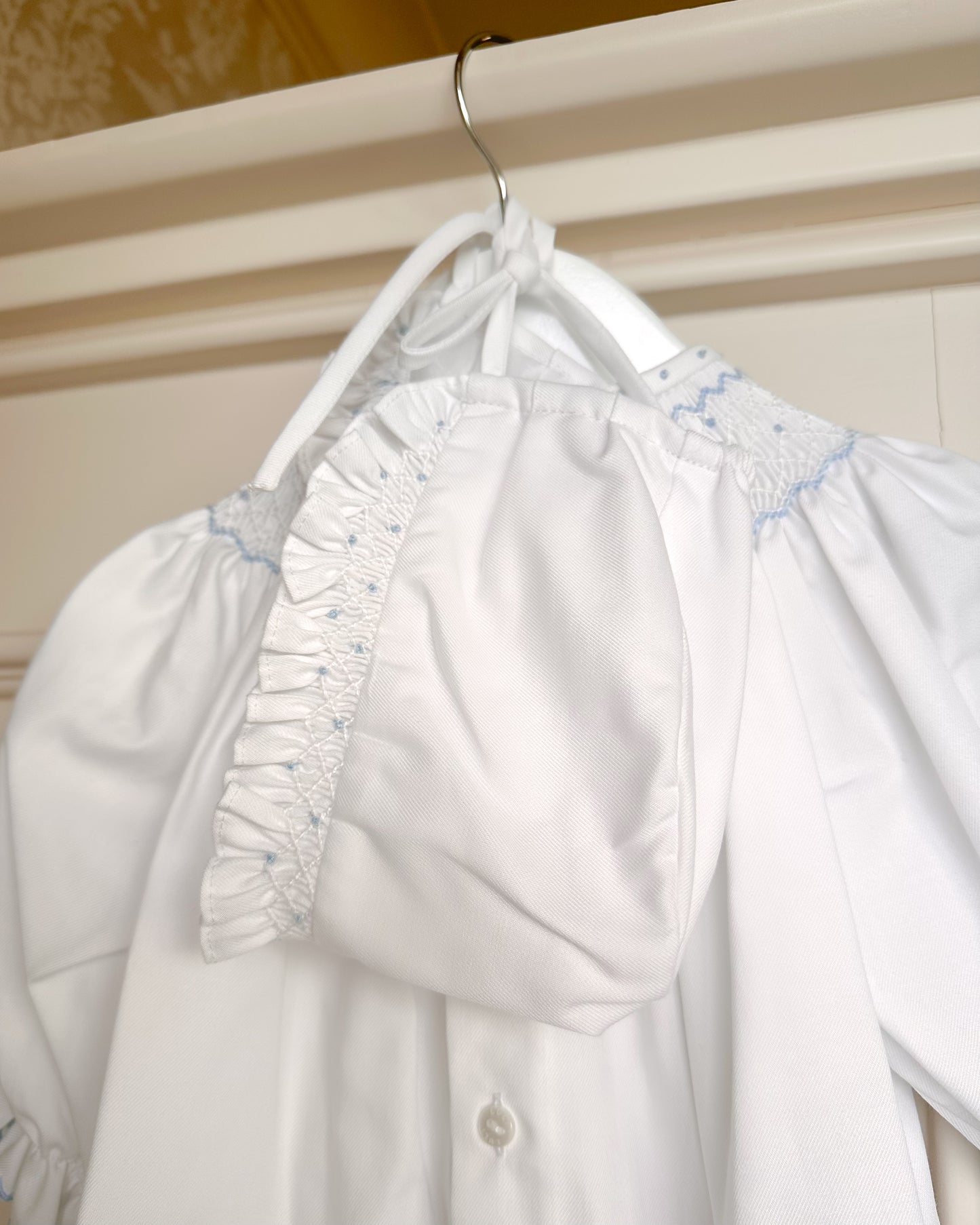 Classic Feston Hand-Smocked Bishop Dress- Light Blue & White