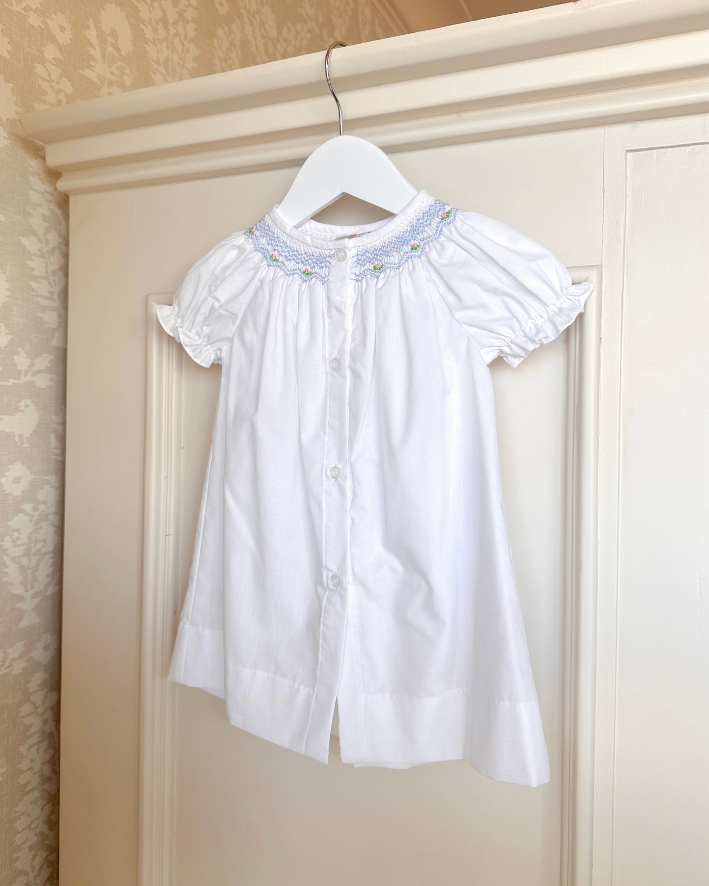 Light Blue & White Floral Hand-Smocked Daygown
