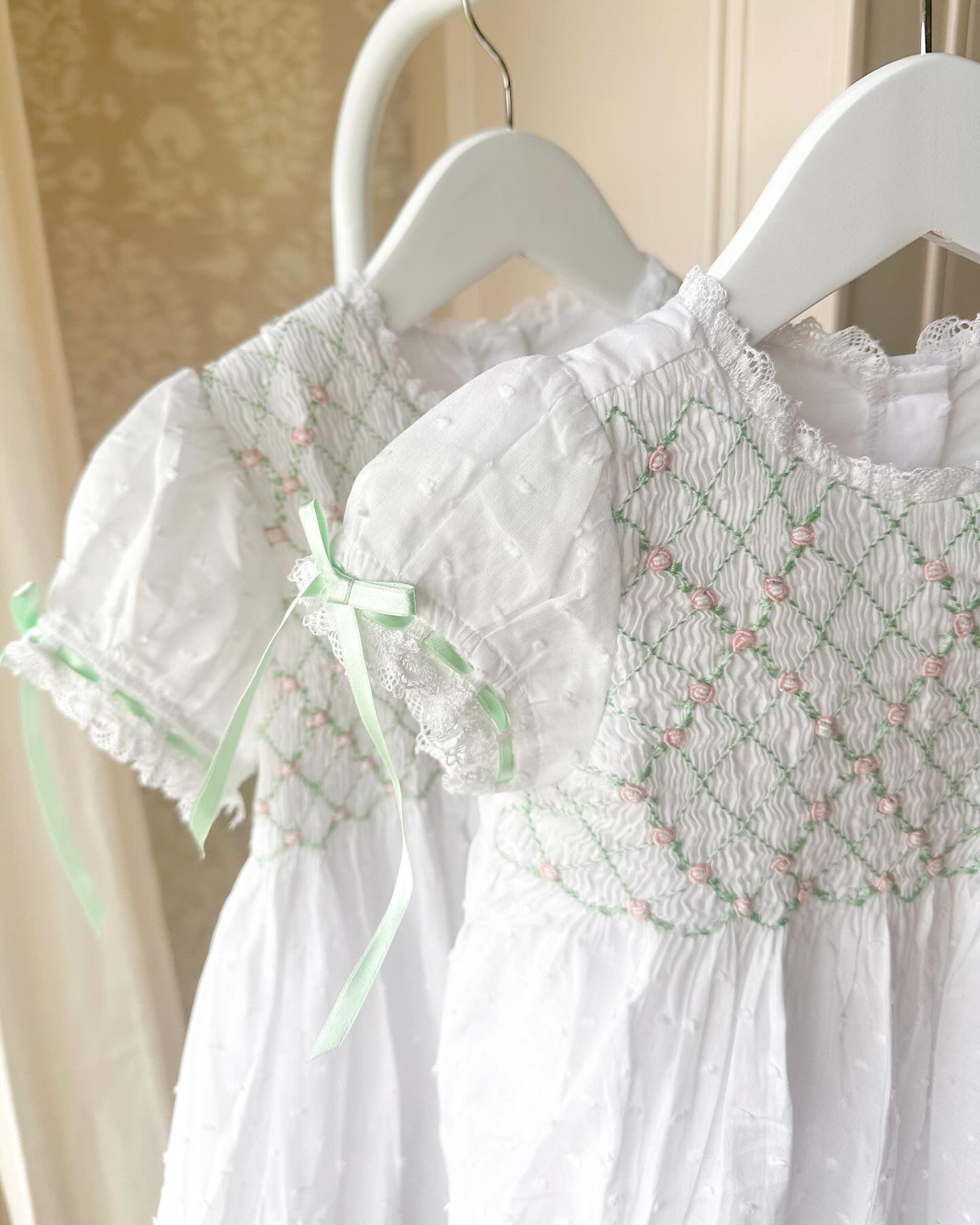 Mint & Light Pink Heirloom Smocked Bubble