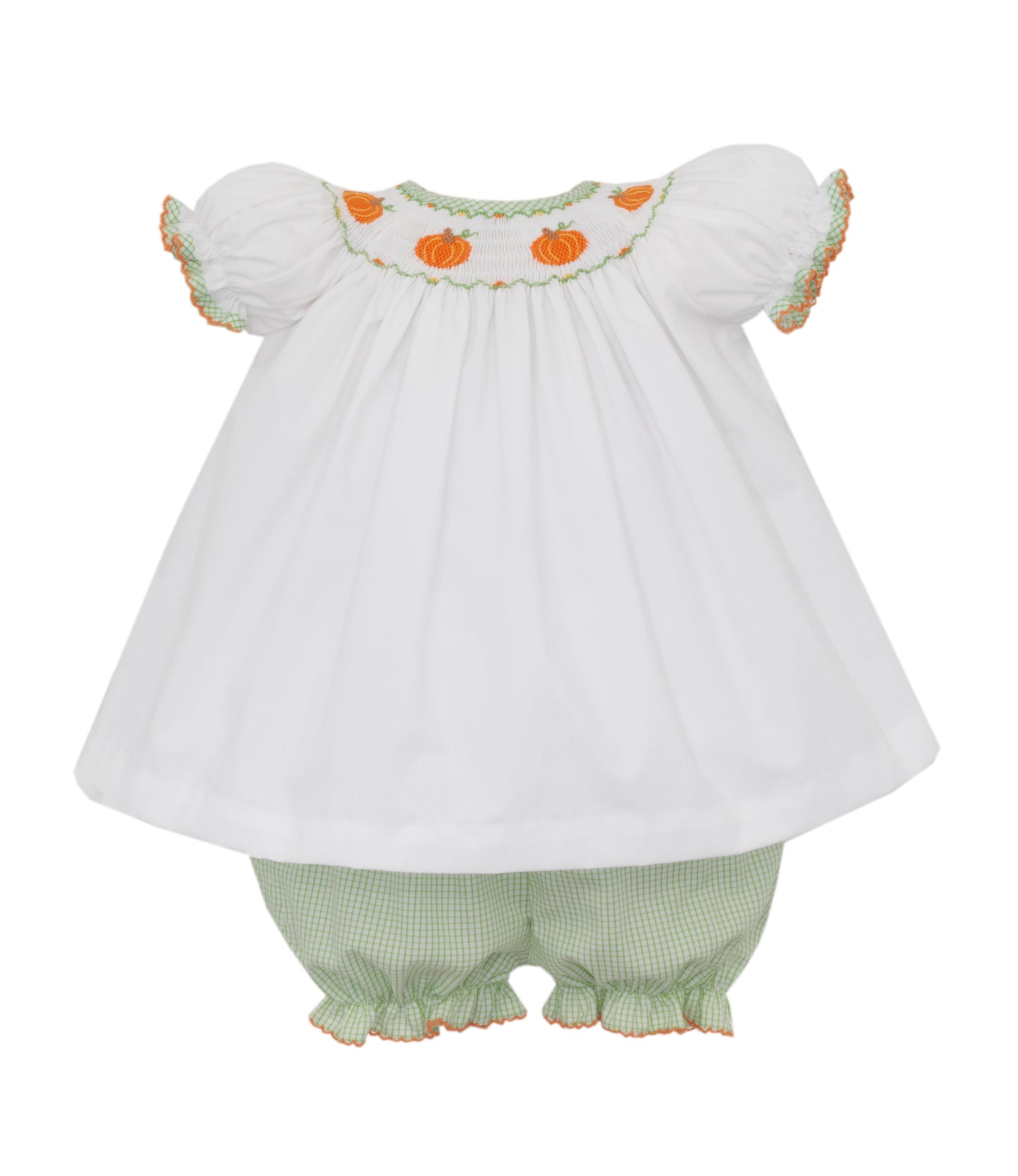 Girls Light Green Smocked Pumpkin Bishop Bloomer Set
