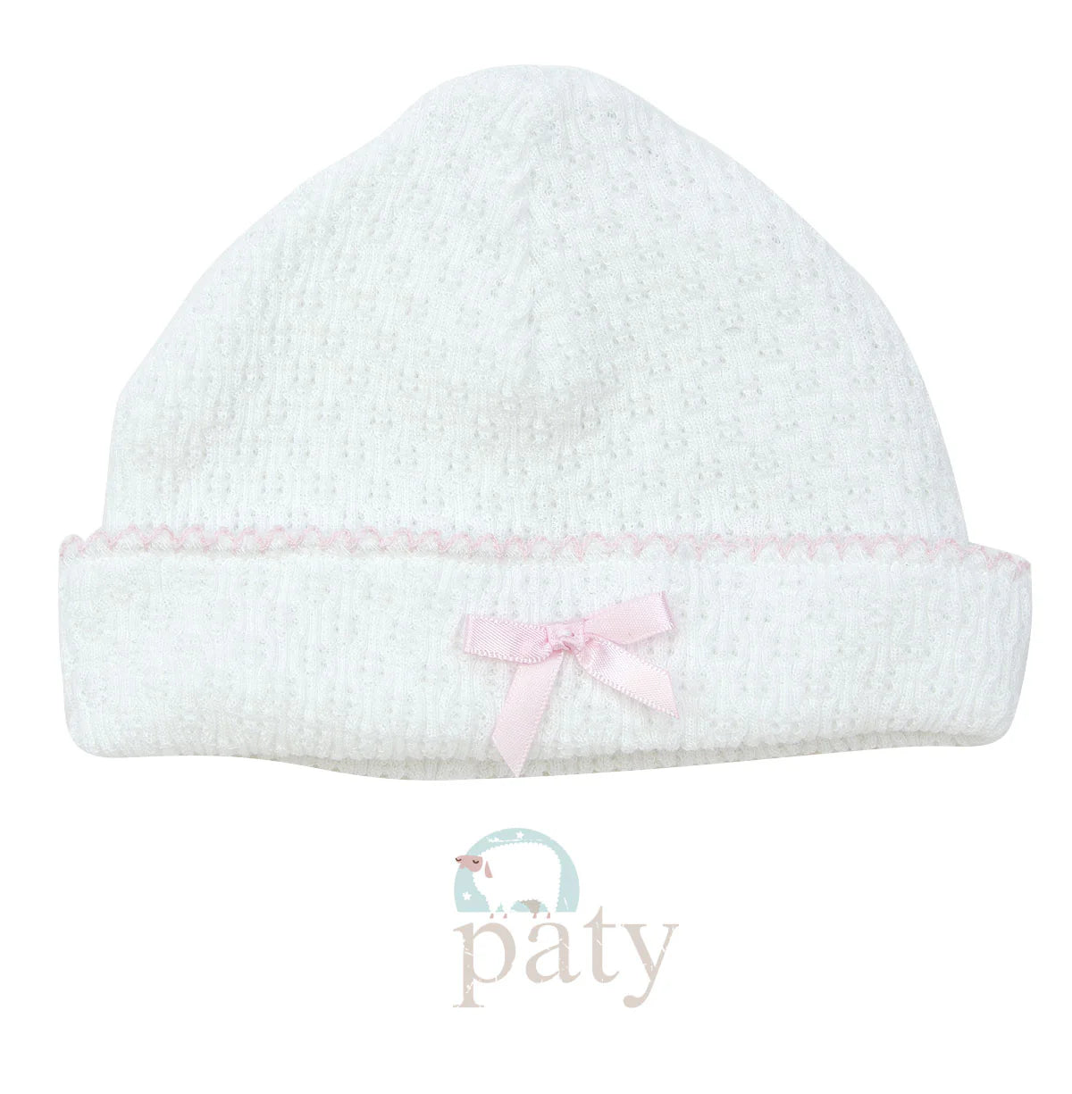 Knit Beanie- White w/ Pink Trim & Pink Bow