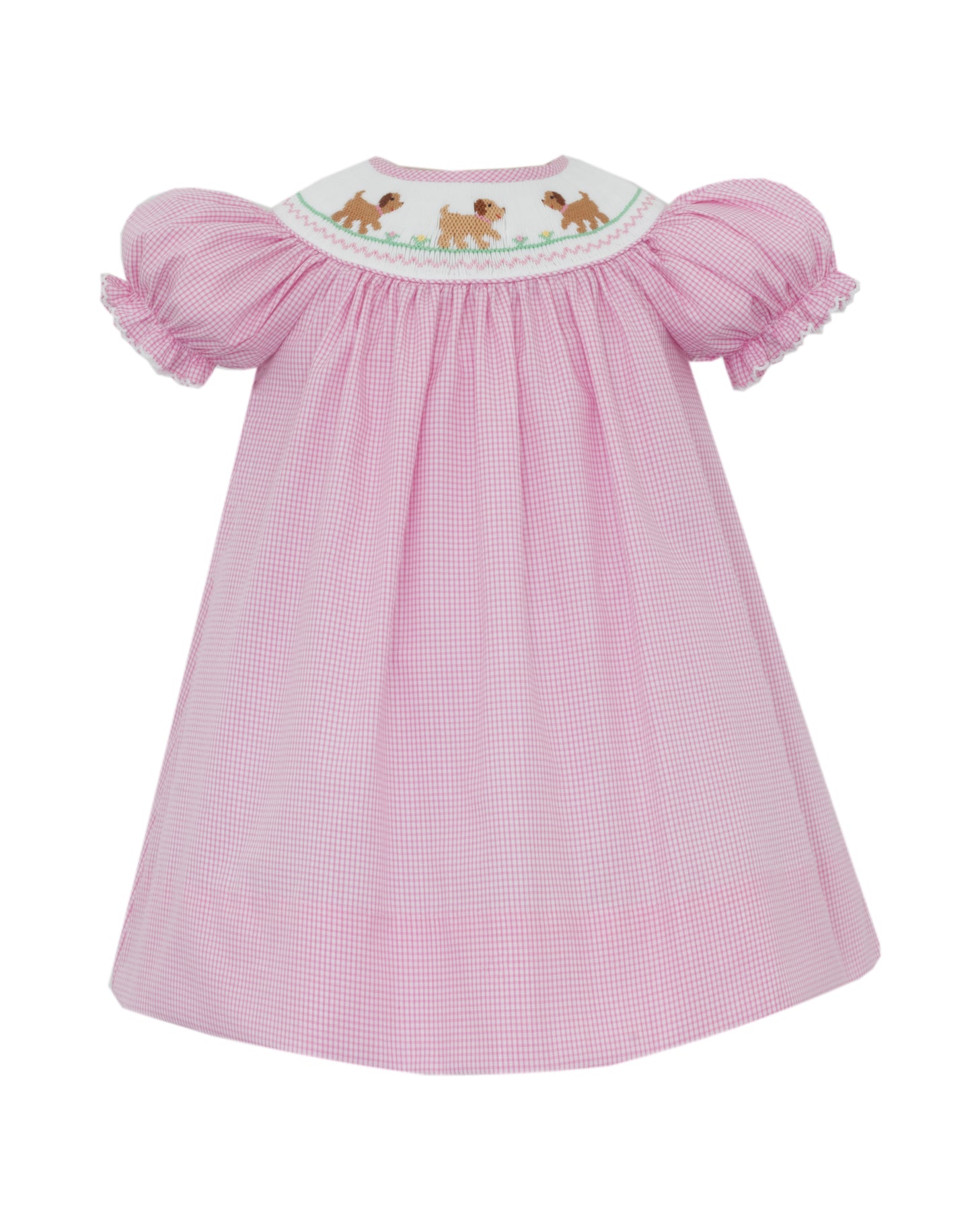 Girls Pink Smocked Puppies Bishop Dress