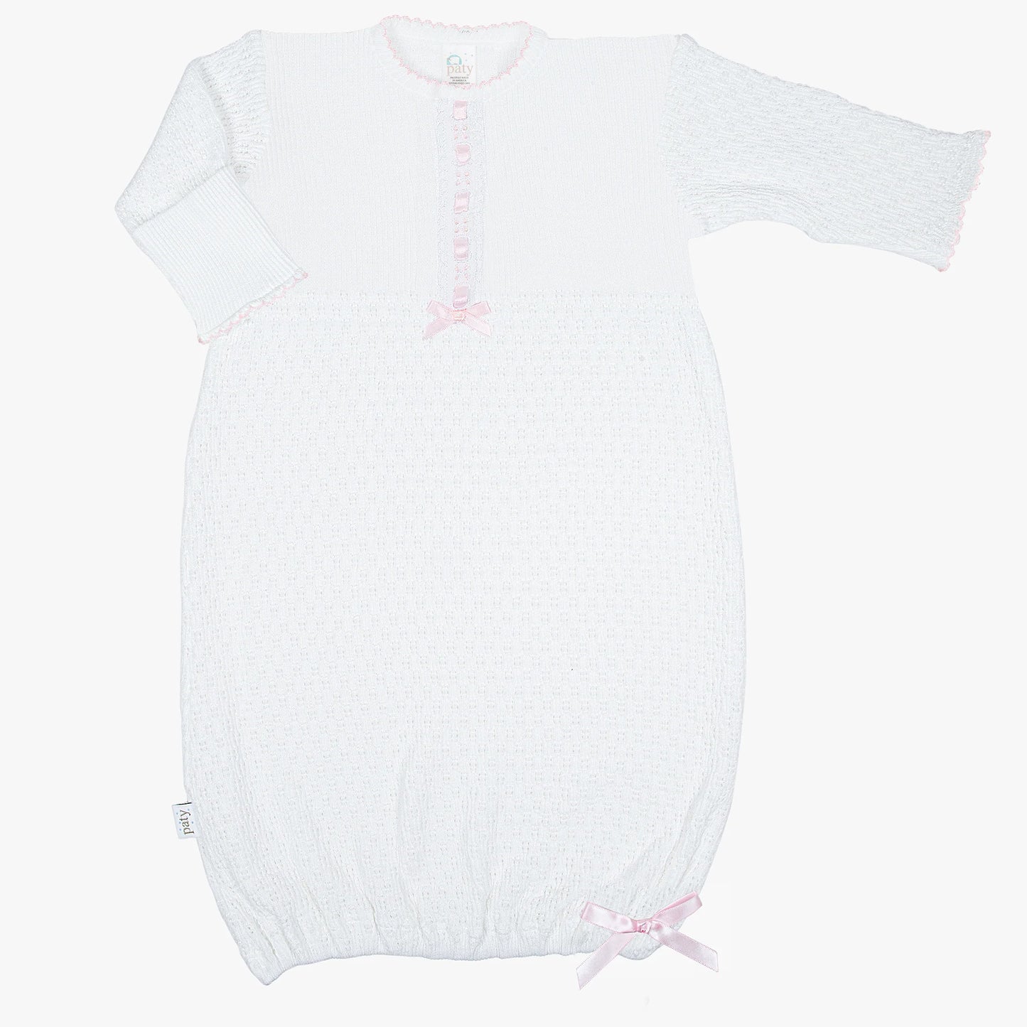 Long Sleeve White Knit Gown w/ Pink Eyelet