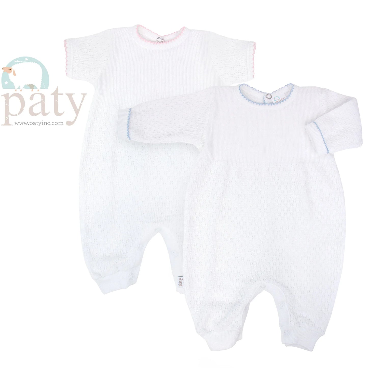 Knit Romper- White w/ Blue Trim