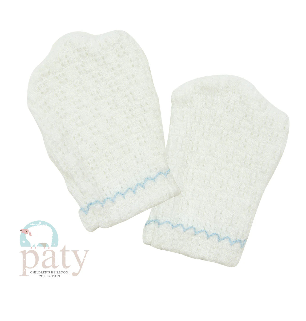 Knit Mittens- White w/ Blue Trim
