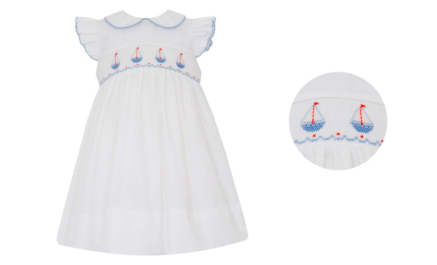Girls Sailboat Smocked Dress w/ Collar- White Poplin
