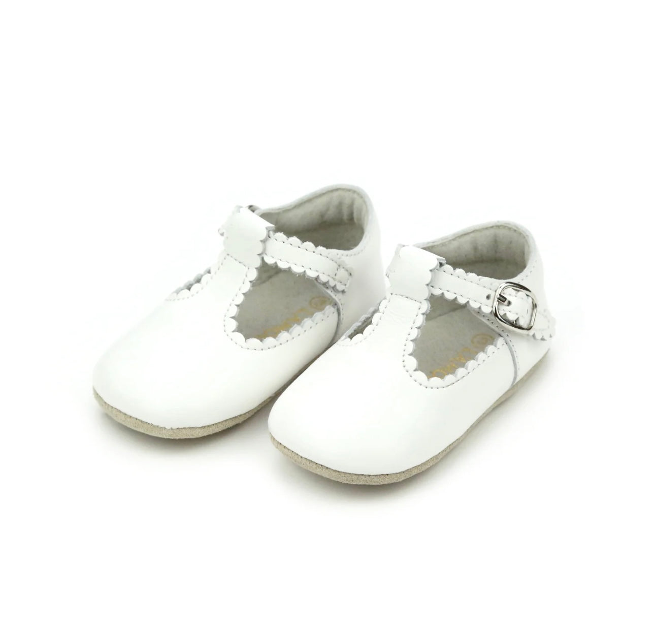 Elodie Girls Scalloped T-Strap Mary Jane Crib Shoe (Infant)- White