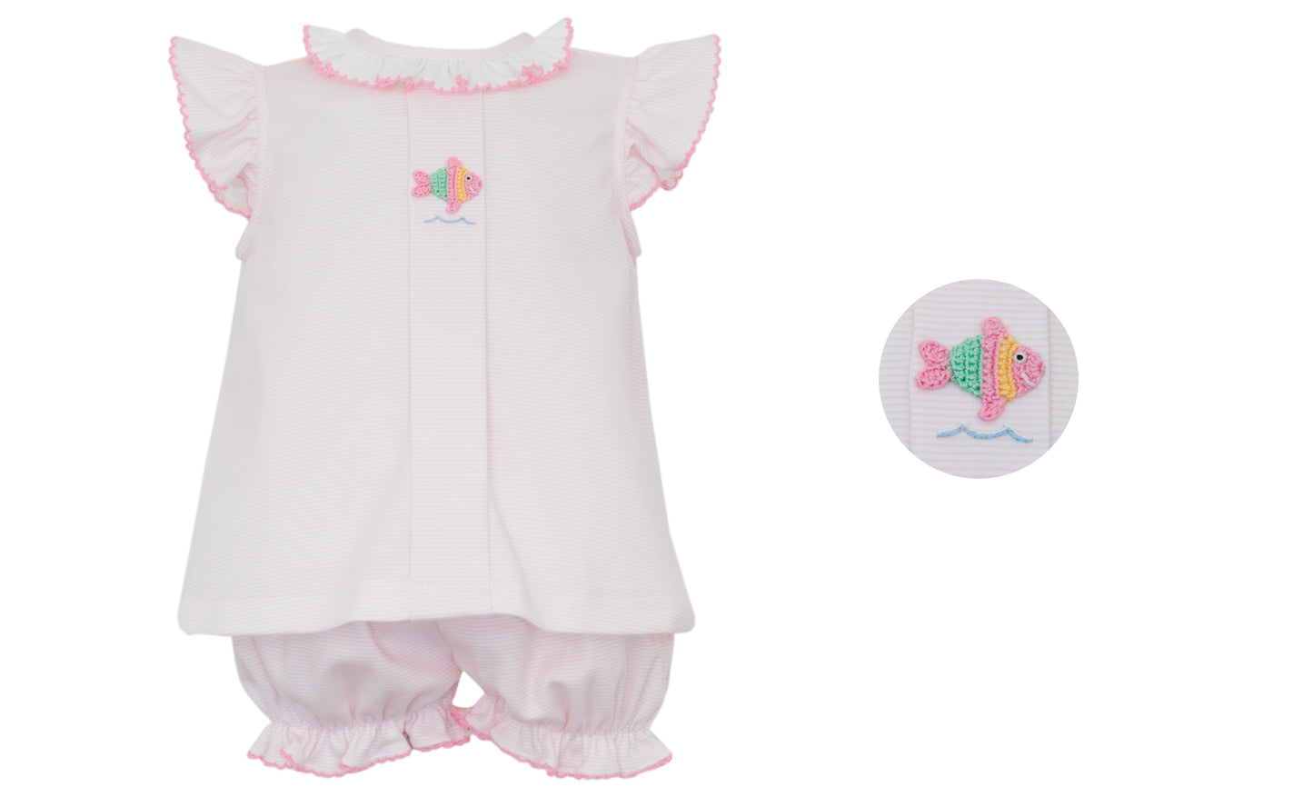 Girls Pink Stripe Knit Bloomer Set w/ Hand Embroidered Fish