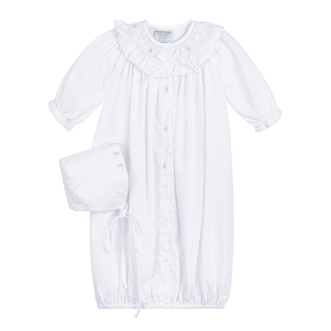 Girls Ribbon Ruffle Smocked Take Me Home Gown w/ Bonnet