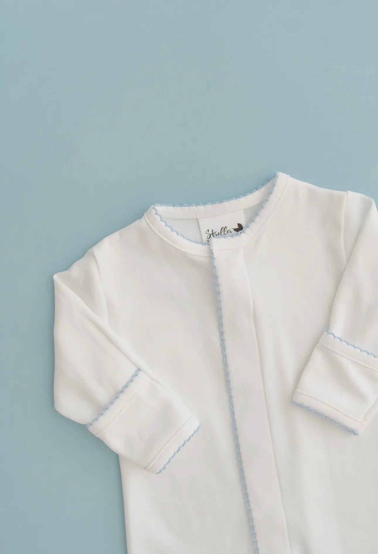 Pima Cotton Footie - White with Baby Blue Picot Trim