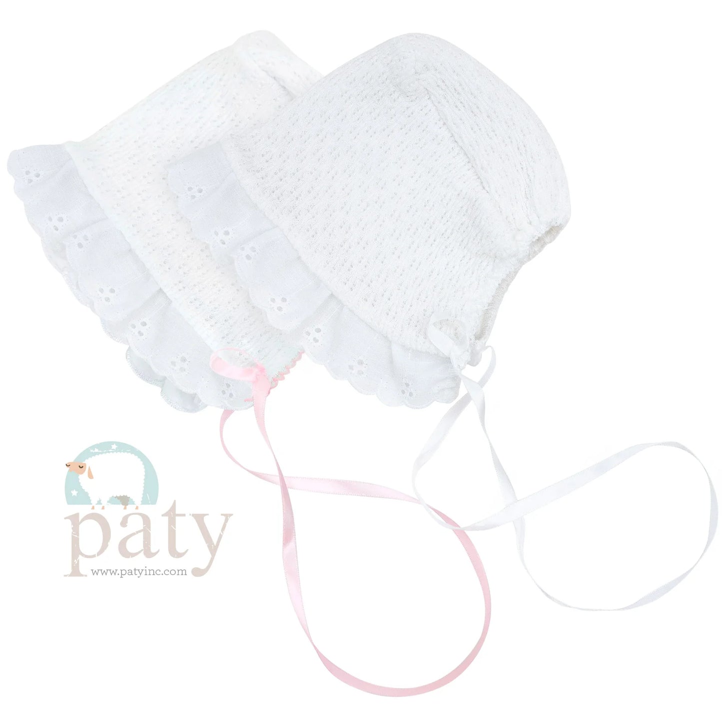 Knit Bonnet- White w/ Pink Ribbon