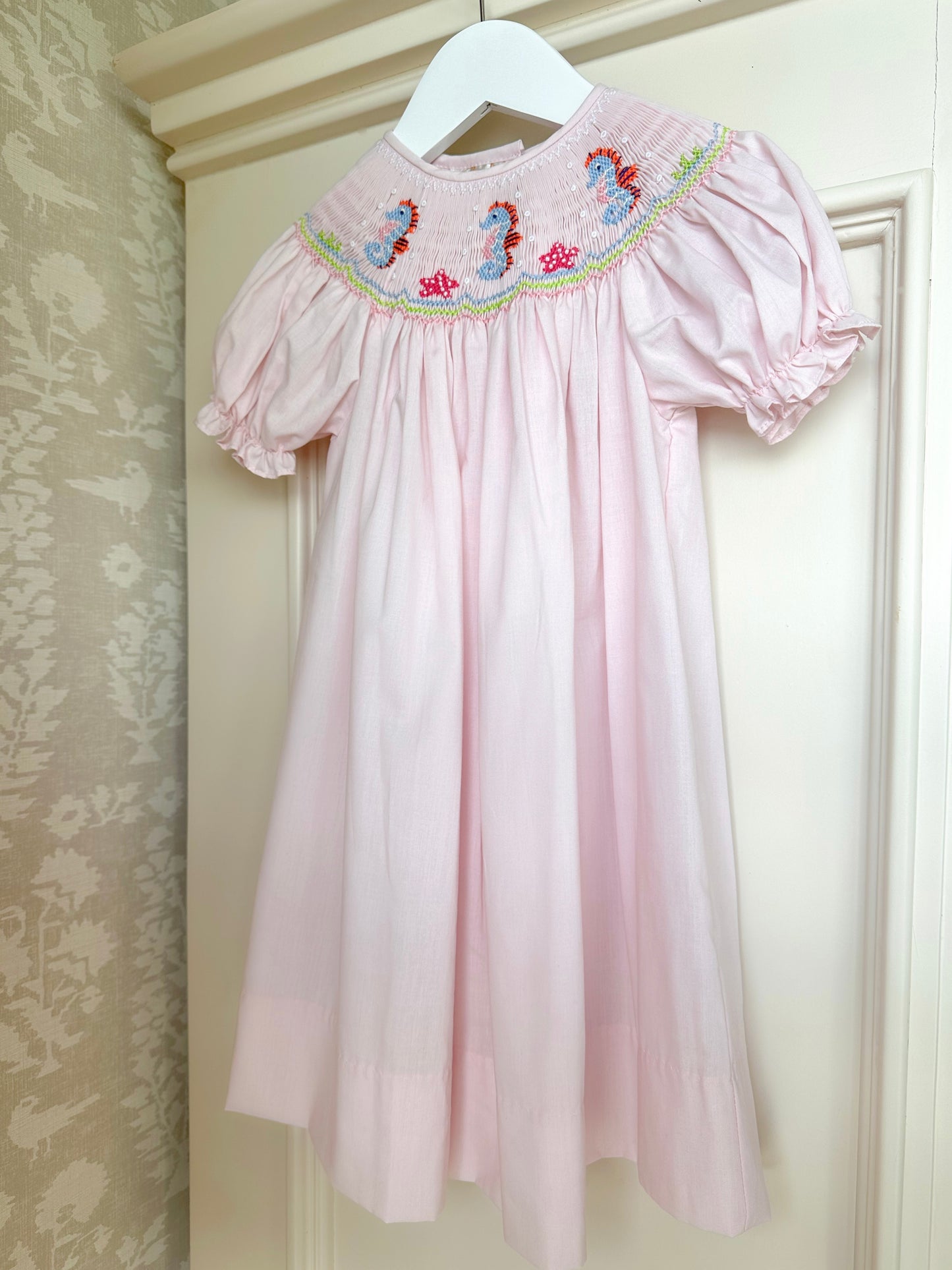 Seahorse Smocked Bishop Dress- Light Pink