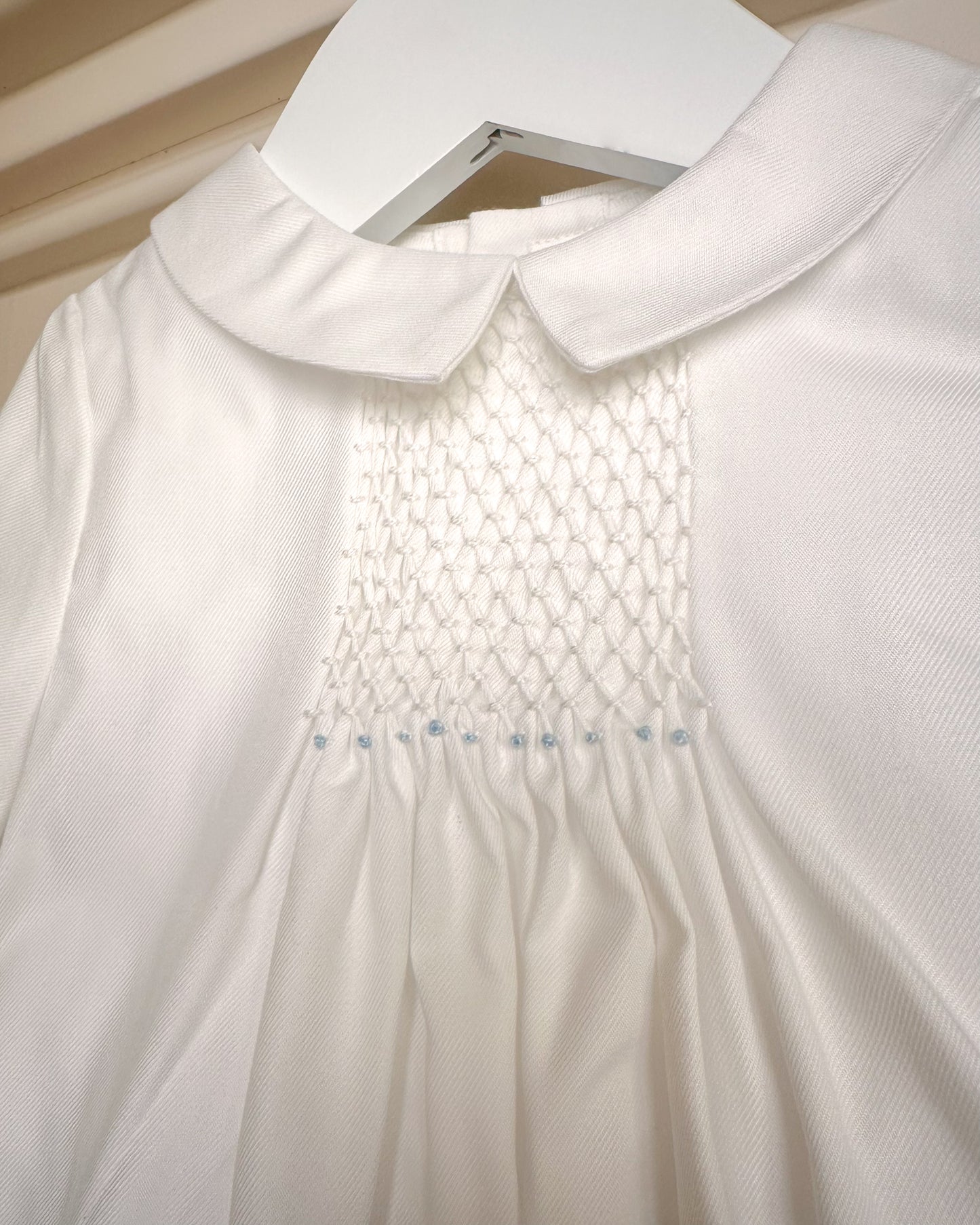 Classic Honeycomb Hand-Smocked Bubble- Light Blue & White