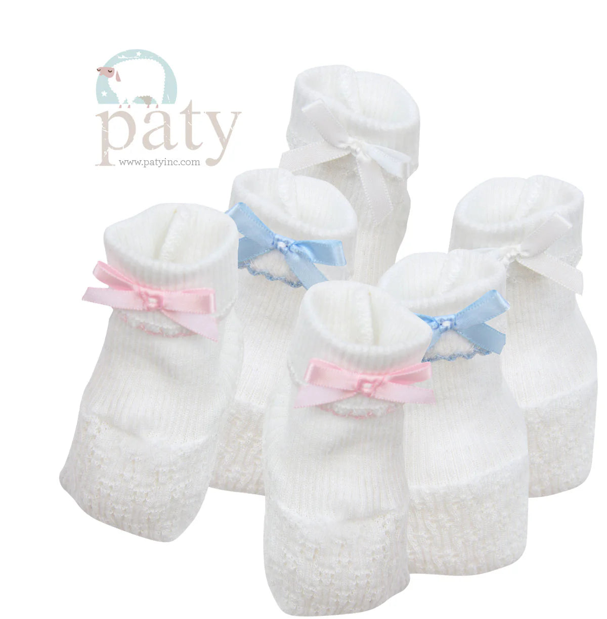 Knit Booties- White w/ Pink Trim & Pink Bow