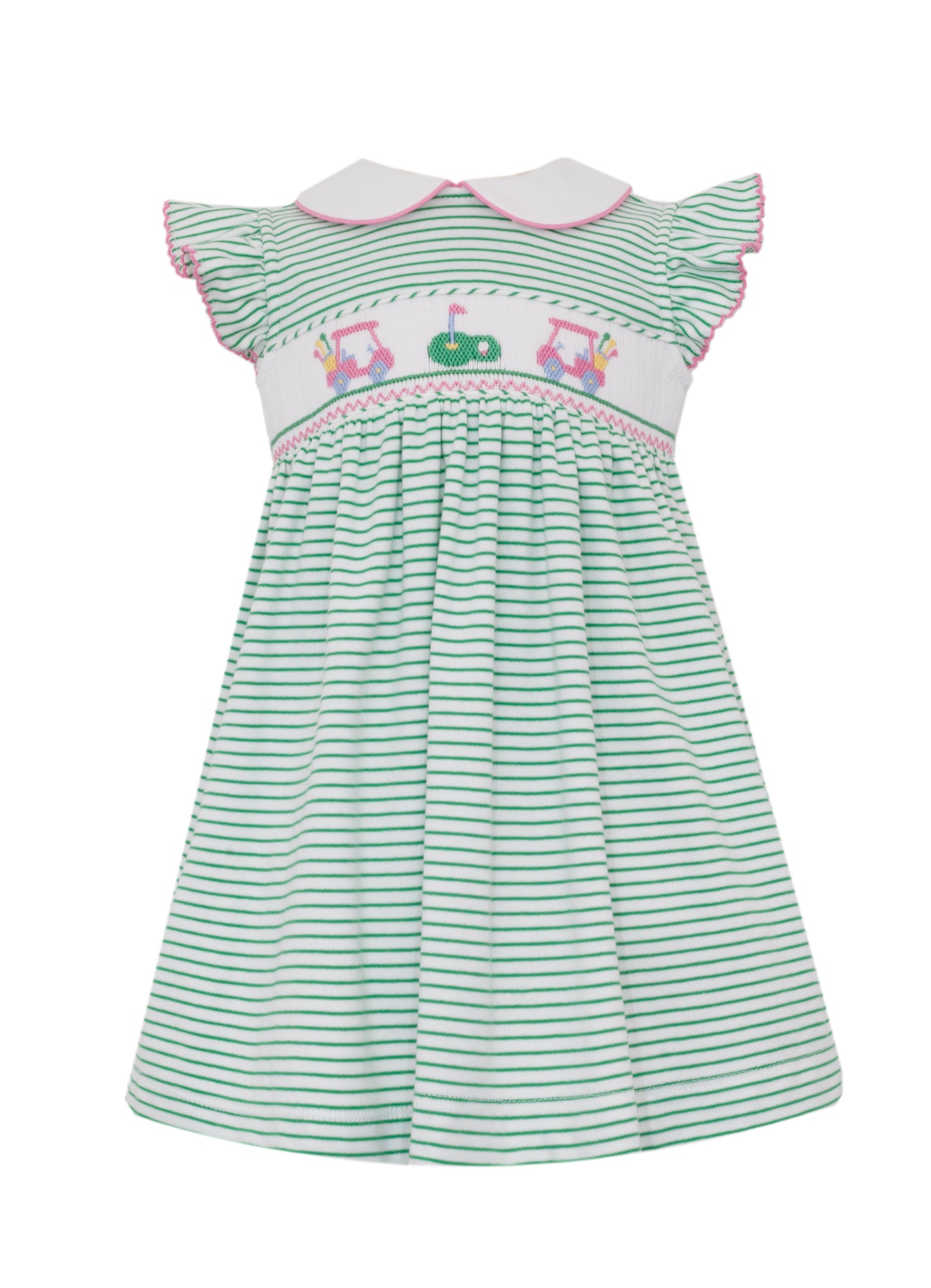 Girl’s Golf Green Stripe Smocked Dress w/ Collar