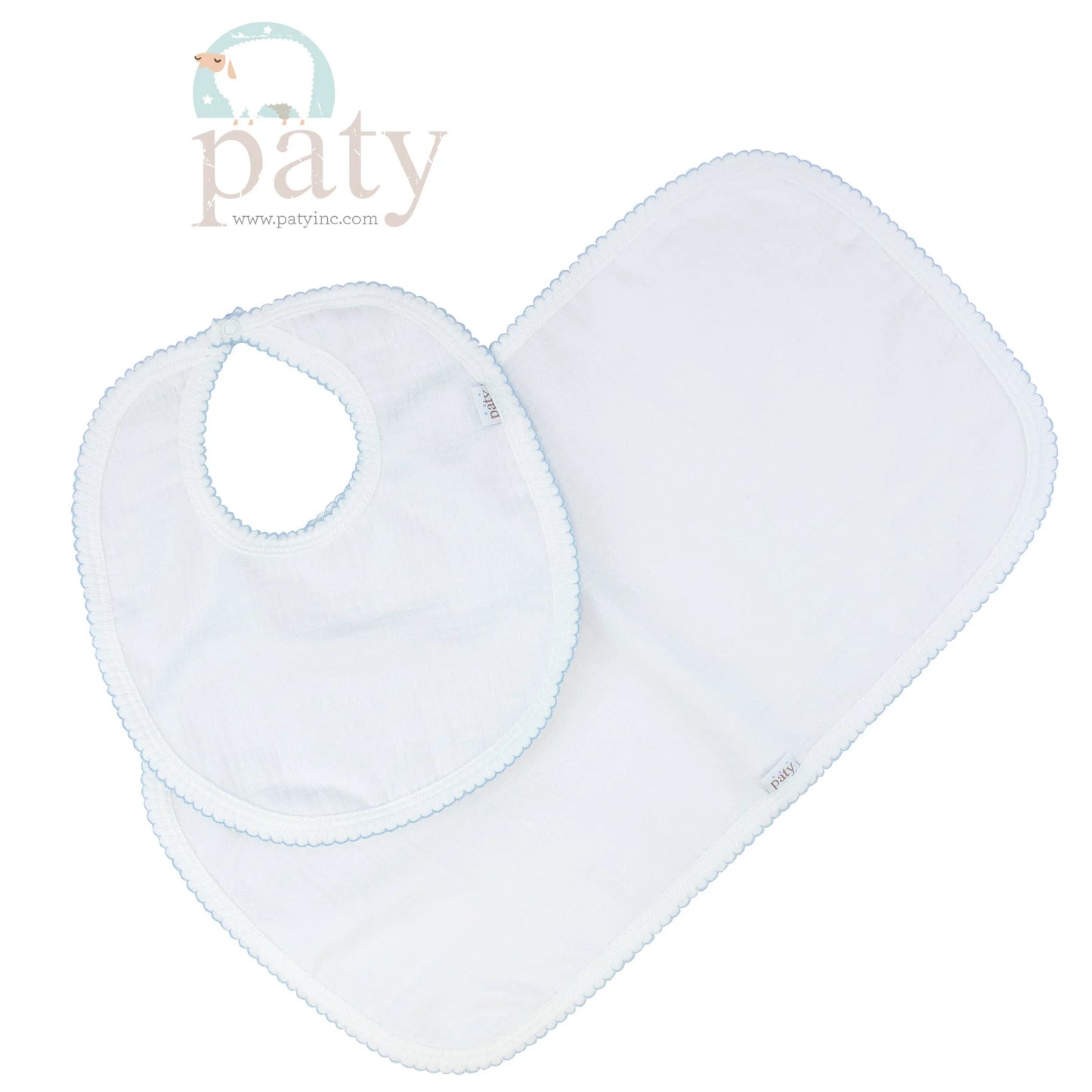 100% Cotton Bib/Burp Cloth Set- Blue Trim