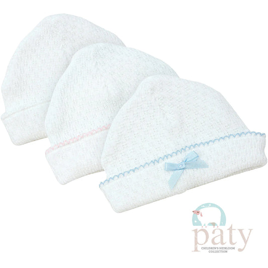 Knit Beanie- White w/ Blue Trim (No Bow)
