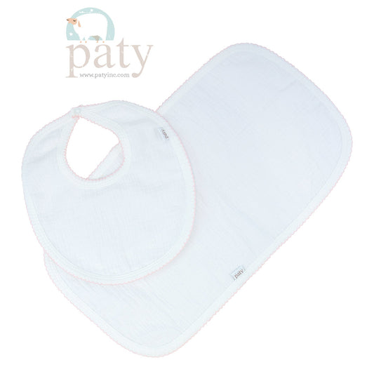 100% Cotton Bib/Burp Cloth Set- Pink Trim