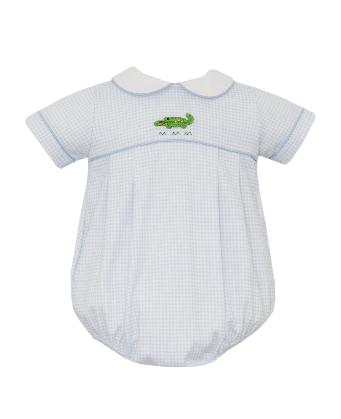 Boys Light Blue Gingham Knit Bubble w/ Hand Embroidered Alligator