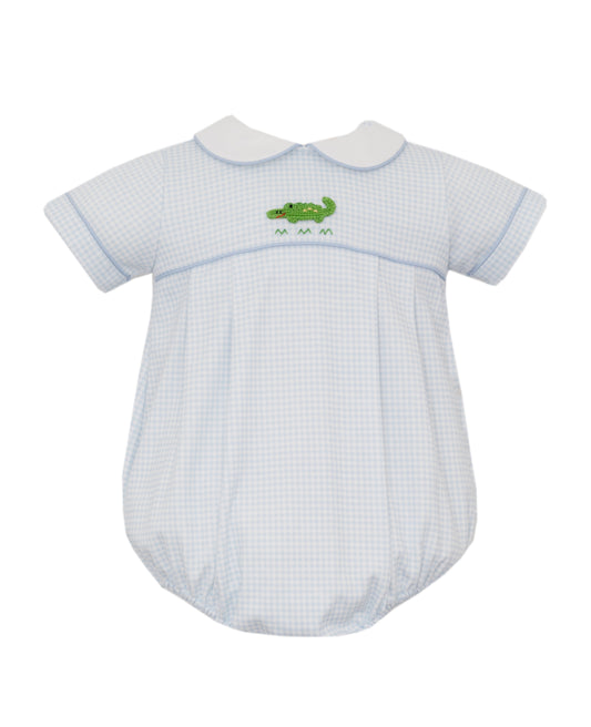 Boys Light Blue Gingham Knit Bubble w/ Hand Embroidered Alligator