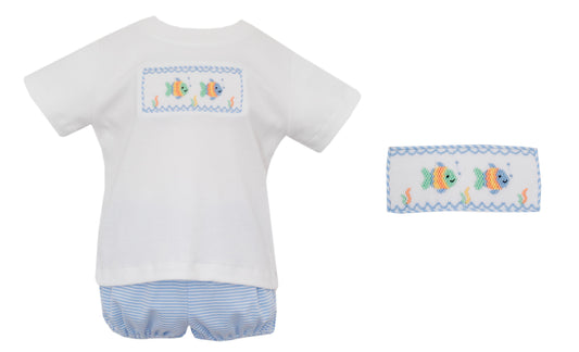 Boys Smocked Baby Fish T-Shirt Set- Light Blue Stripe
