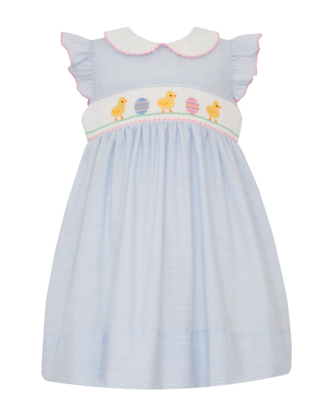 Smocked Easter Chicks Blue Stripe Dress w/ Collar