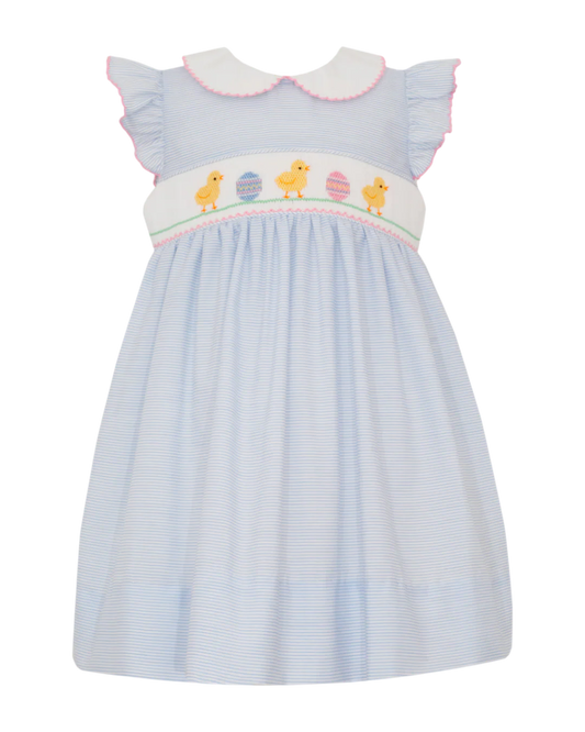 Smocked Easter Chicks Blue Stripe Dress w/ Collar