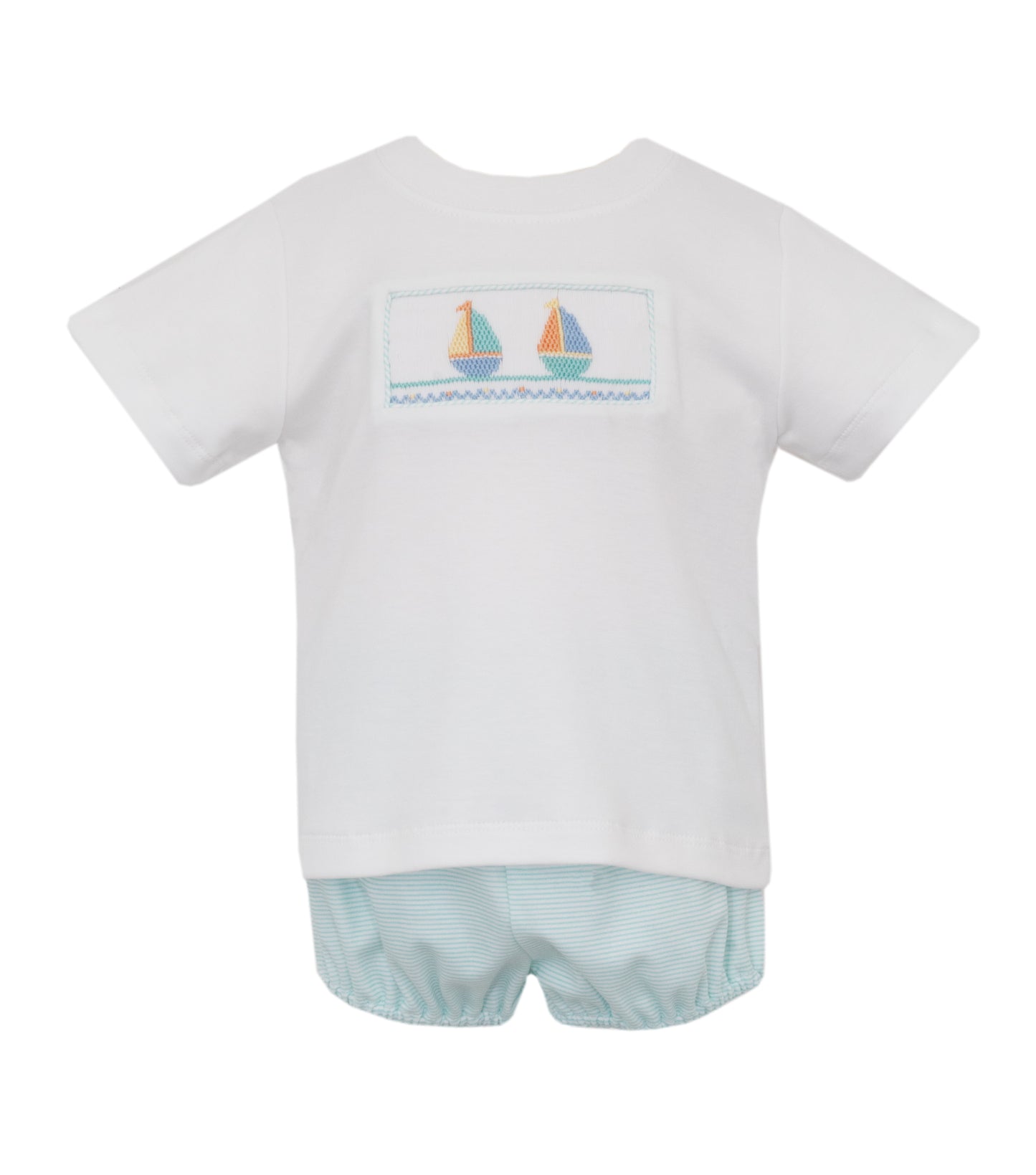 Boys Sailboat Smocked T-Shirt Set- Aqua Stripe