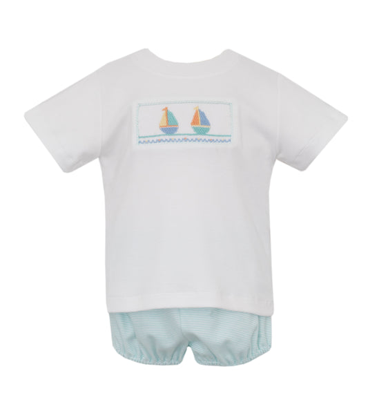 Boys Sailboat Smocked T-Shirt Set- Aqua Stripe