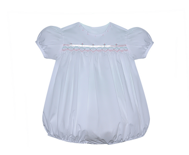 Francis Ribbon Bubble- White w/ Pink & Blue Smocking