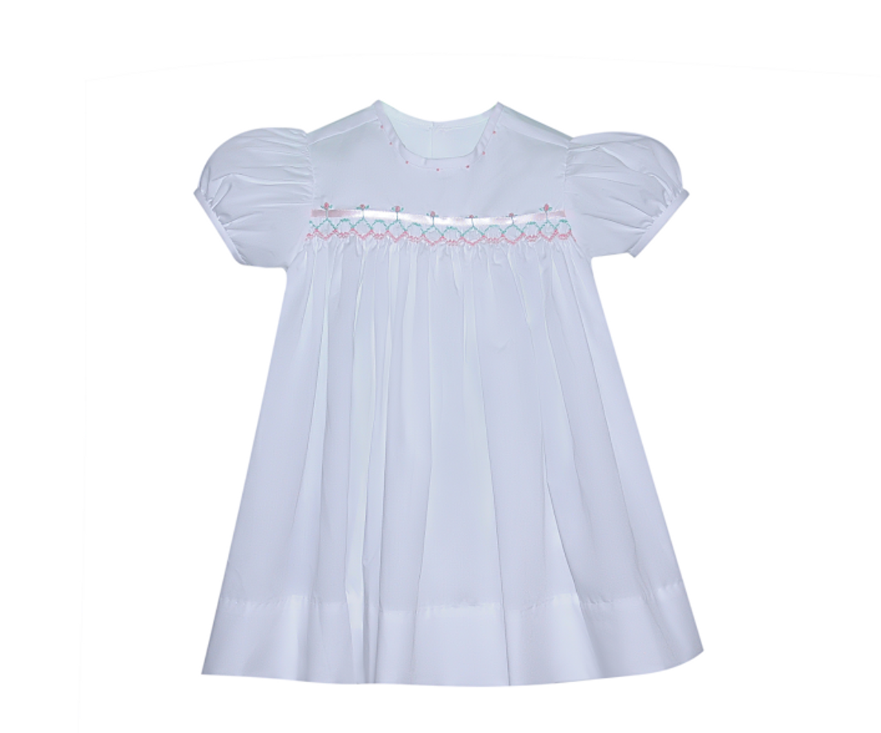 Francis Ribbon Dress- White w/ Pink and Blue Smocking