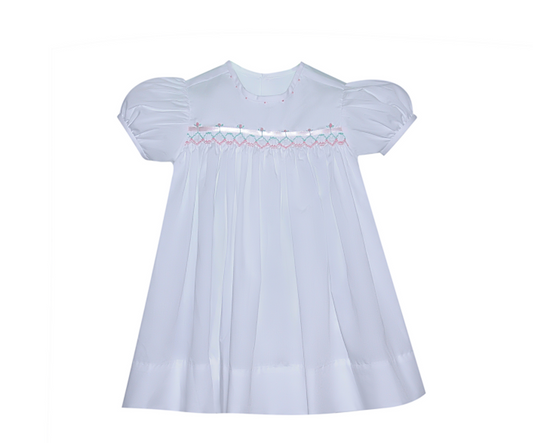 Francis Ribbon Dress- White w/ Pink and Blue Smocking