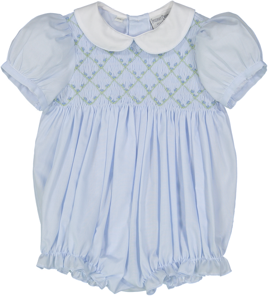 Diamond Smocked Rosebud Bubble- Light Blue