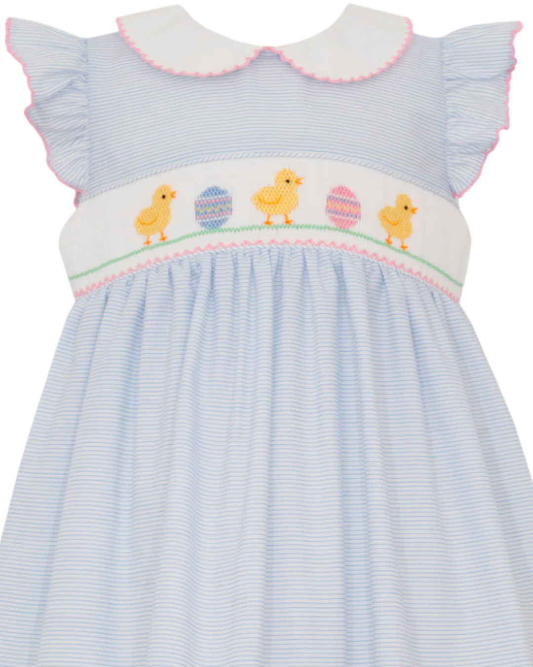 Smocked Easter Chicks Blue Stripe Dress w/ Collar