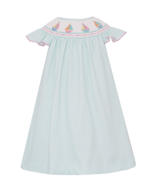 Girls Sailboat Smocked Bishop Dress- Aqua Stripe
