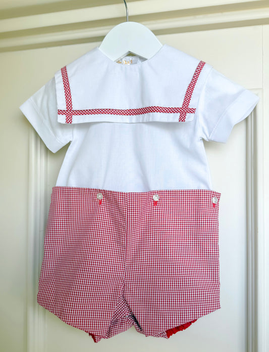 Classic Short Sleeve Boys Romper- Red Gingham