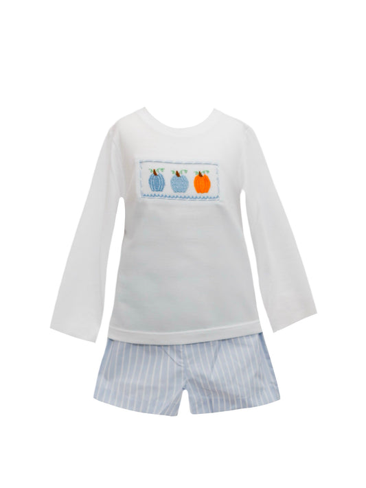 Blue Stripe Hand-Smocked Pumpkin Long Sleeve Short Set