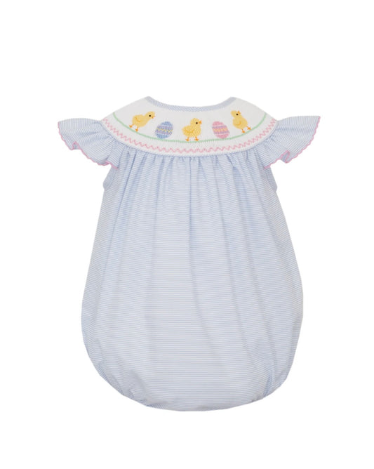 Smocked Easter Chicks Blue Stripe Bishop Bubble