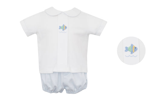 Boys Light Blue Stripe Knit Set w/ Hand Embroidered Fish
