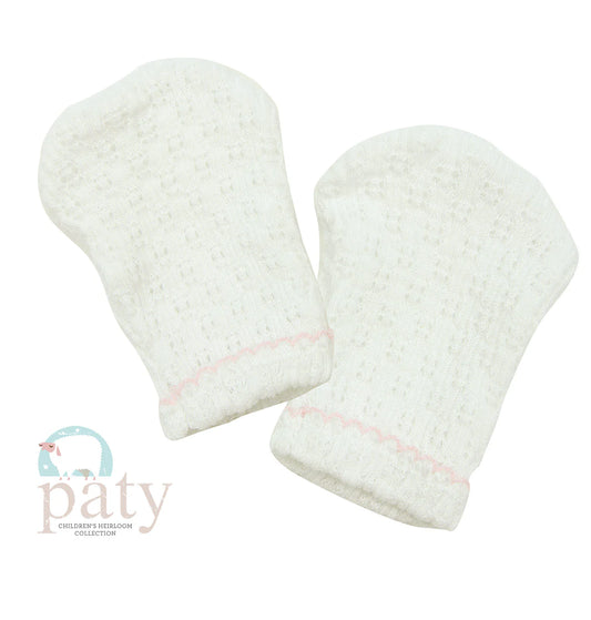 Knit Mittens- White w/ Pink Trim