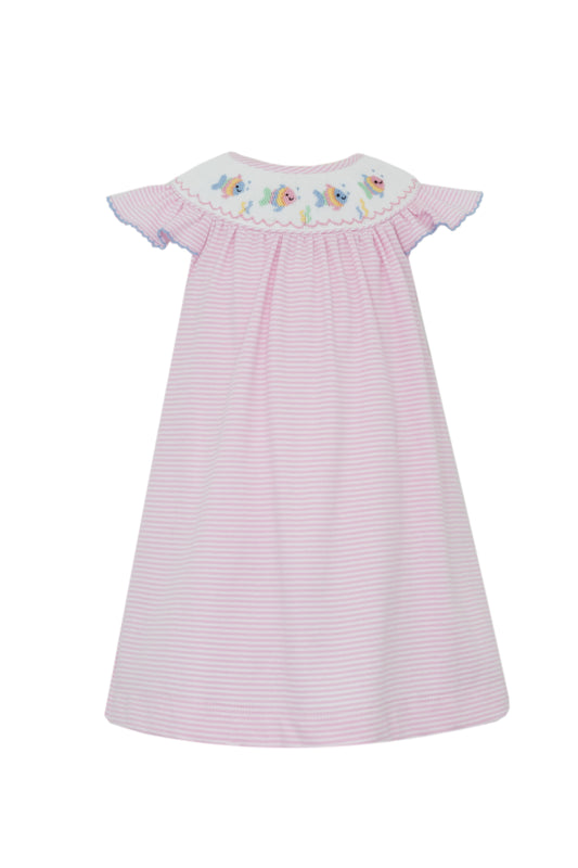 Girls Smocked Baby Fish Angel Wing Bishop Dress- Pink Stripe