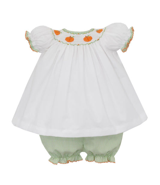 Girls Light Green Smocked Pumpkin Bishop Bloomer Set